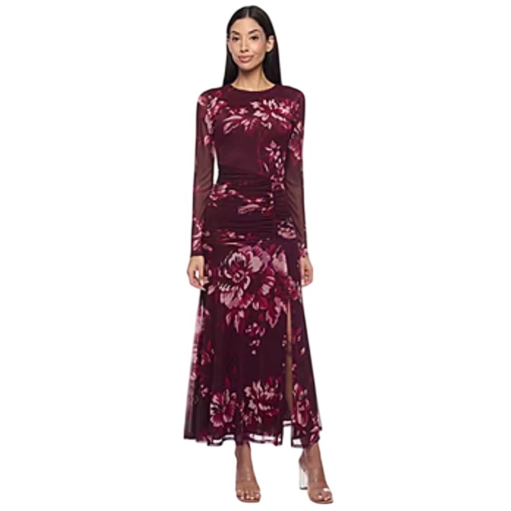 Premier Amour Wine Mauve Floral Mesh Ruched Midi Sheath Dress  Lined Size 12